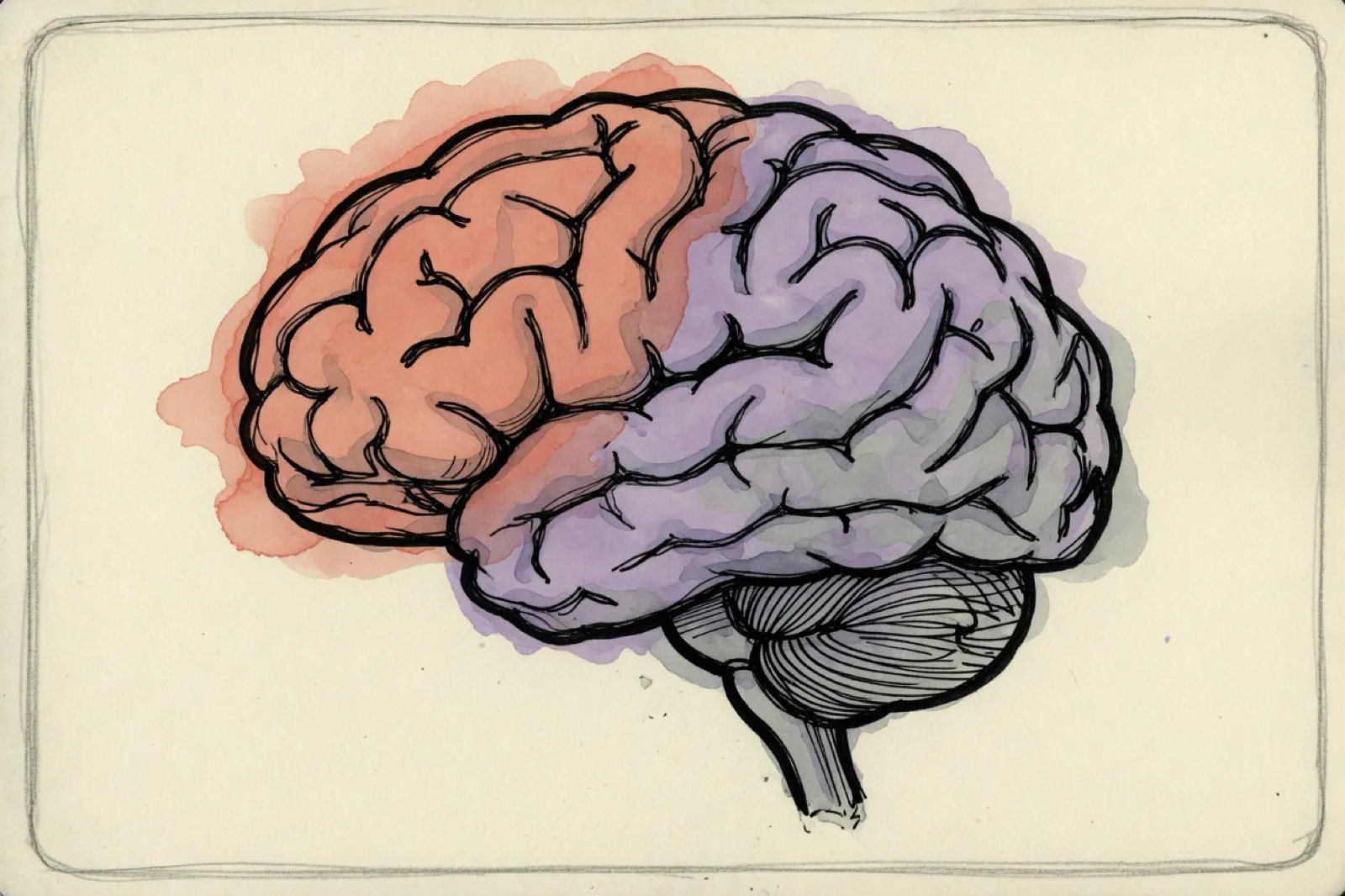 Ink and watercolor drawing of a brain in profile, the frontal lobe washed in red and the rest of it in purple.