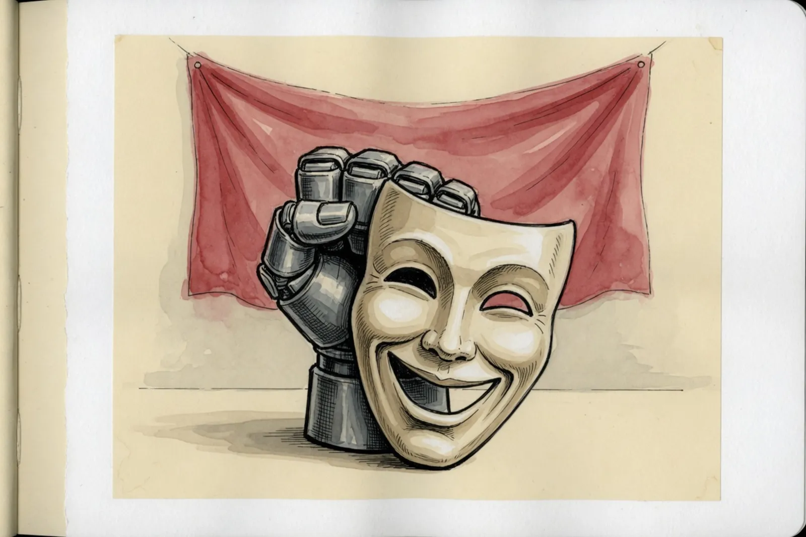 Ink and watercolor drawing of a smiling theater mask held up in front of a clenched iron fist, a red banner draped behind.