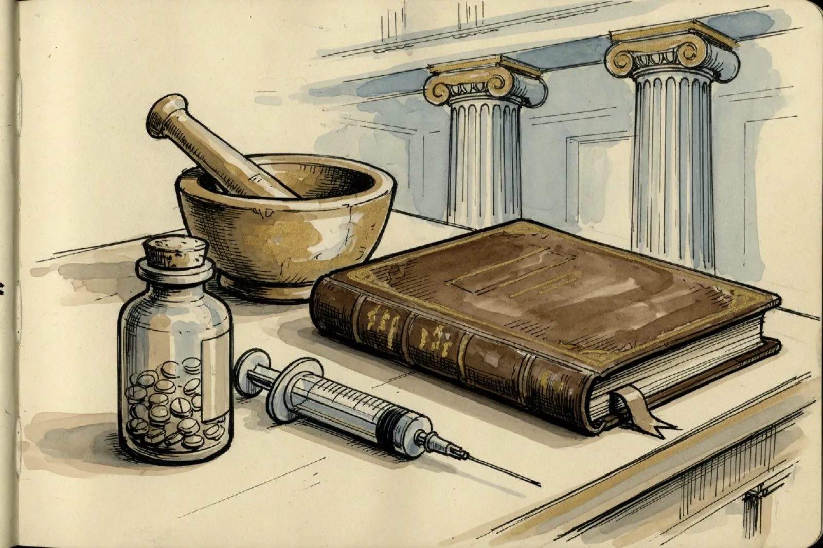 Ink and watercolor drawing of a mortar and pestle, pill bottle, syringe, and leather book before classical columns.