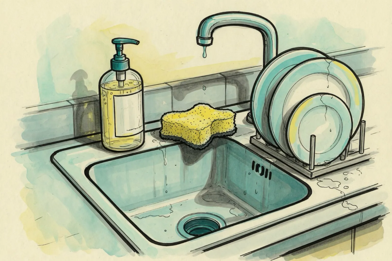 Ink and watercolor drawing of a kitchen sink with a pump bottle of soap, a sponge, and rinsed plates in a rack.