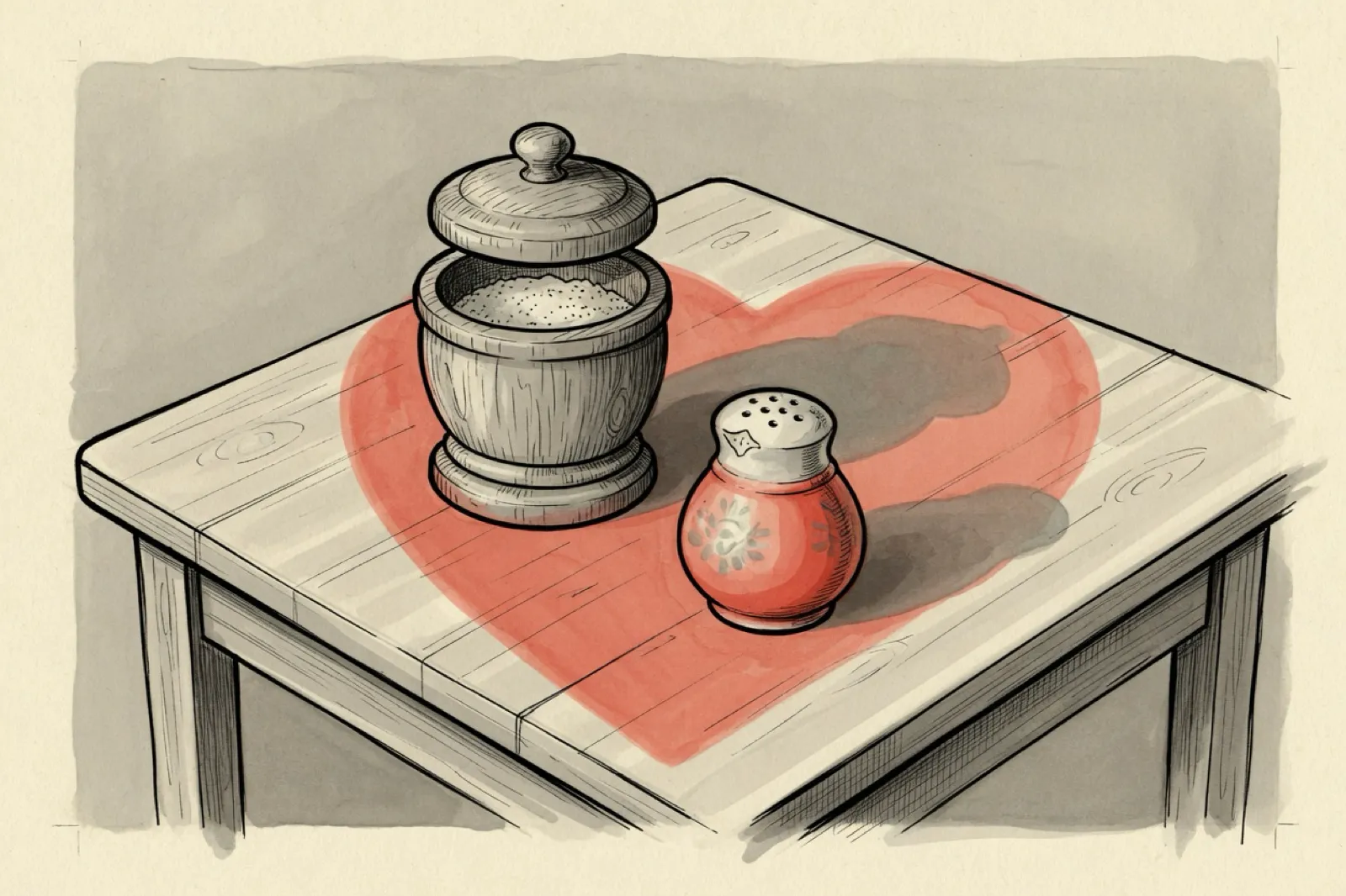 Ink and watercolor drawing of a salt cellar and a red shaker on a wooden table, a red heart painted beneath them.