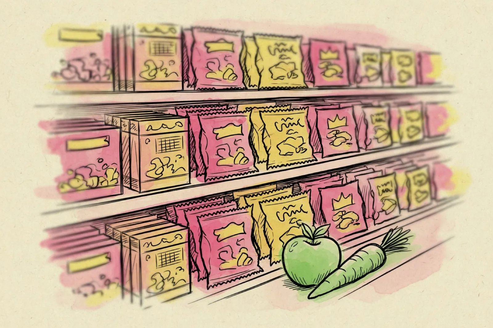 Ink and watercolor drawing of supermarket shelves packed with snack bags, a lone apple and carrot on the bottom shelf.