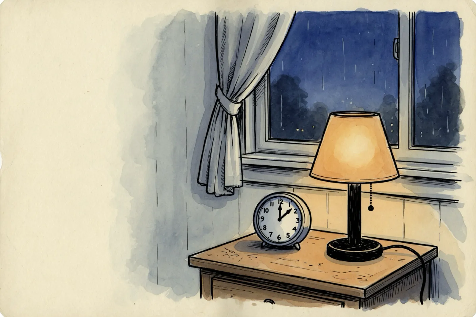 Ink and watercolor drawing of a bedside table with a lit lamp and a small clock, a dark blue window behind it.