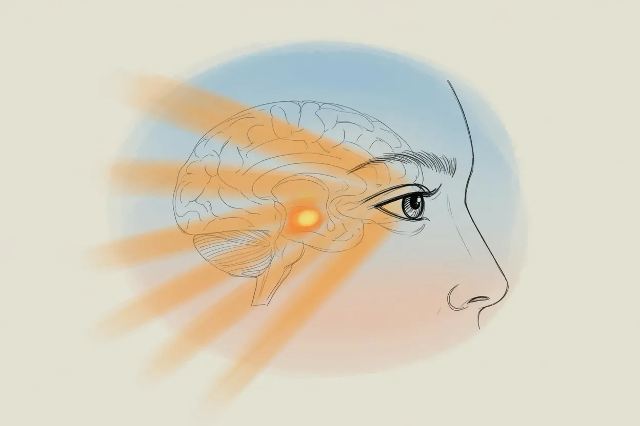Ink sketch of a head in profile with morning light entering the eye and a warm glow at the brain’s master clock